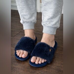 Navy Blue Faux Fur Slippers Size M (7-8) Cozy Slides